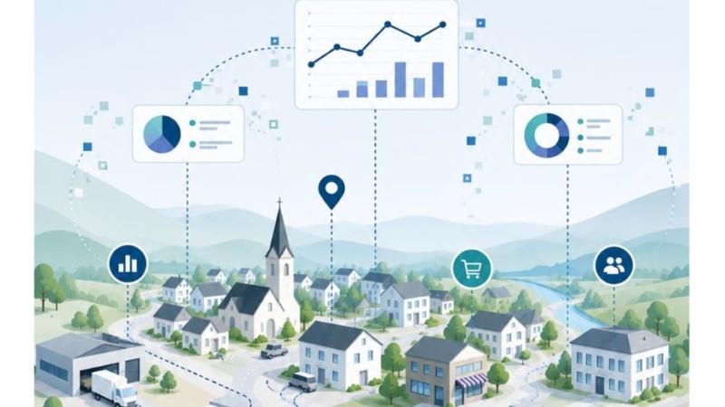 Titelbild des Leitfadens "Logistikdaten in Gemeinden" zeigt ein Dorf mit verschiedenen Diagrammen und Icons